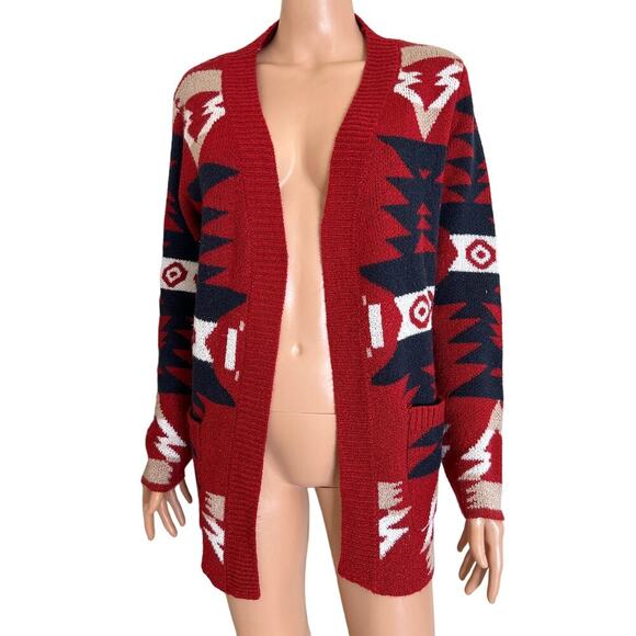 Cardigan sweater Aztec open front deep red front pockets SZ M soft western style - Picture 2 of 6